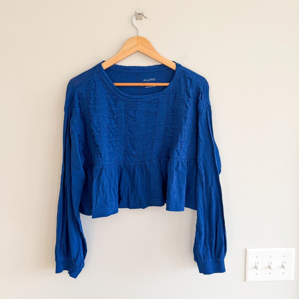 Anthropologie Pilcro Textured Babydoll Long Sleeve Crop Top Blue XXS
